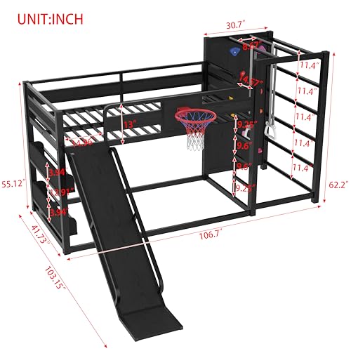 Image of Bellemave Bunk Bed Twin Over Twin with Slide, Basketball Hoop & Climbing Wall, Heavy Duty Metal Twin Bunk Beds for Kids with Guardrails, Low Bunk Bed for Bedrooms, No Box Spring Needed, Black