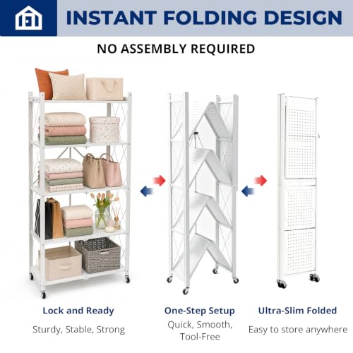 Image of 5 Tier Foldable Storage Shelf with Wheels, Heavy-Duty Metal Shelving Unit, No Assembly Book Shelf Rolling Storage Rack for Garage, Kitchen, Pantry, Closet, Exhibition, Office Decor, White