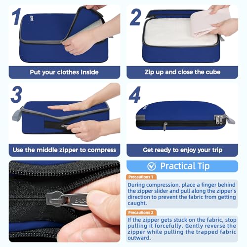 Image of BAGAIL 4 Set /6 Set /8 Set Compression Packing Cubes Travel Accessories Expandable Packing Organizers (Cloth Pattern, 4-Navy)
