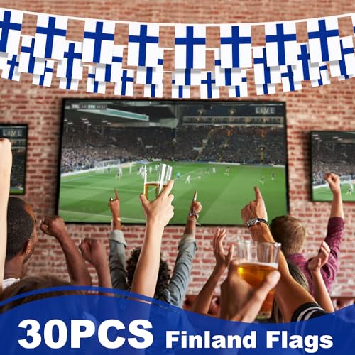 Image of Finland String Flag Pennant Banner, Small Mini Finnish Flags Bunting Banner, National Country Decoration for School, Party, Sports Events, Patriotic Festival, 33 Feet 30 Flags