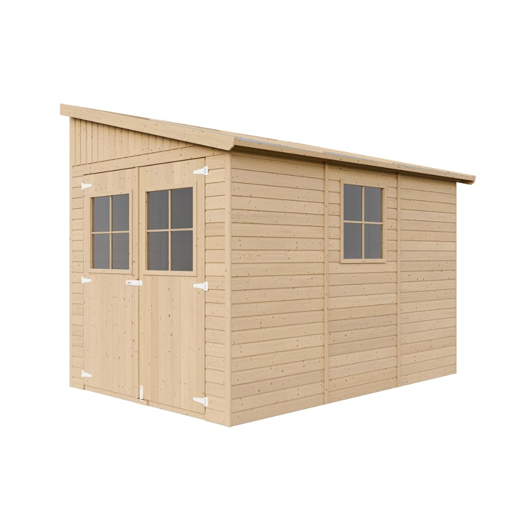 Abri de Jardin en Bois Naturel(avec paroi latérale) avec Les PLANCHERS IMPRÉGNÉ- Stockage extérieur avec fenêtres- H244x218x318 cm/6 m2 - Atelier Rangement Outils et vélos- TIMBELA M339A+M339G