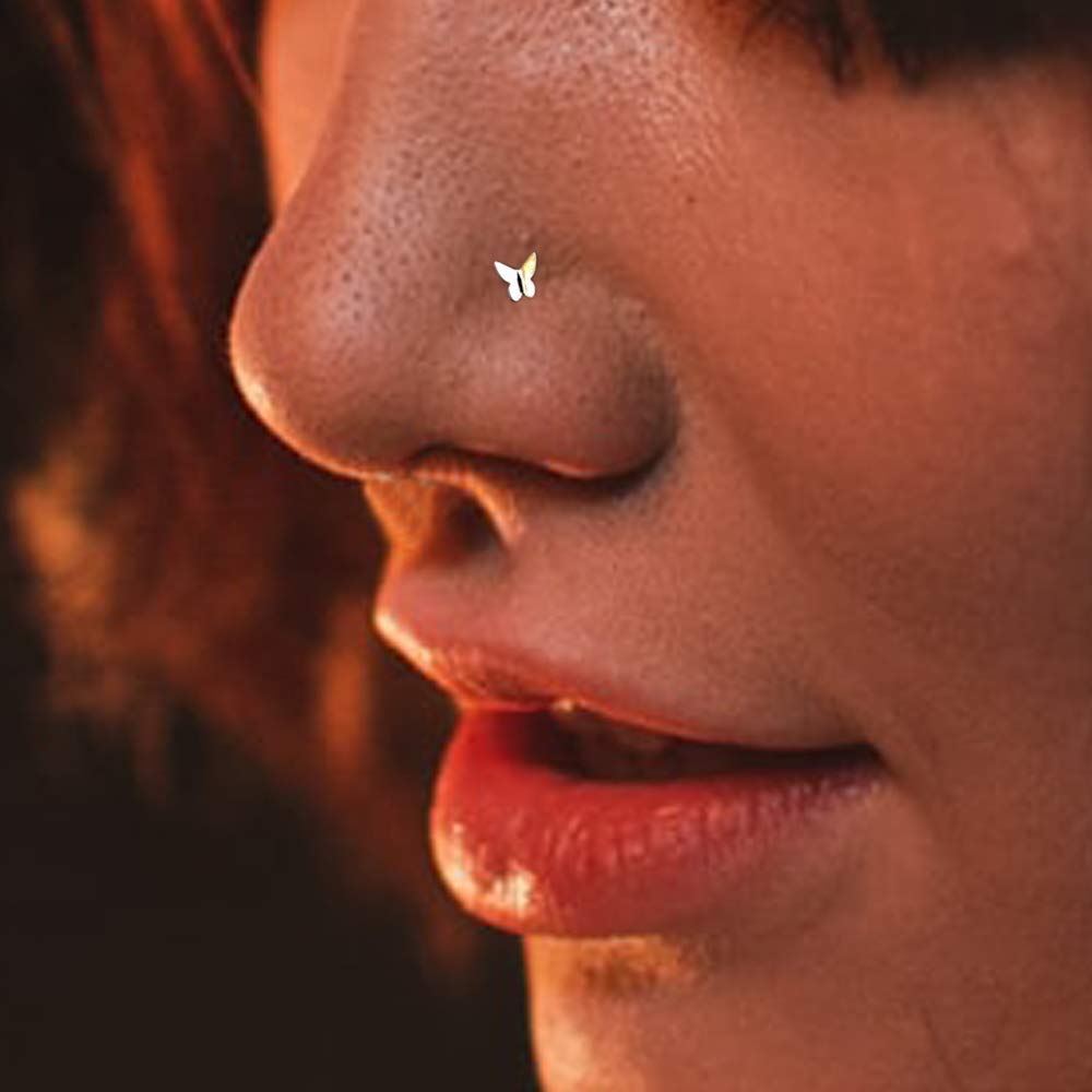 Monster Piercing 9K Gold Echtgold | Nasenpiercing Nasenstecker Stud | Schmetterling | Stabstärke: 20G (0,8 mm) | Stablänge: 7mm | Hypoallergen