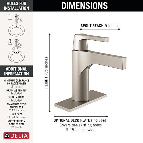 Miniatura 2 de Delta Faucet Zura - Grifo de baño de un solo orificio de níquel cepillado, grifo de baño de una sola manija, tecnología de sello de diamante,