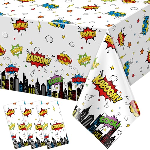 3Pcs Hero Themed Birthday Party Tablecloths Decorations,White Cityscape Super Bang Plastic Table Cover Disposable Rectangle Table Cloth for Baby Shower Kids Boys Birthday Party Supplies,54x108 Inch