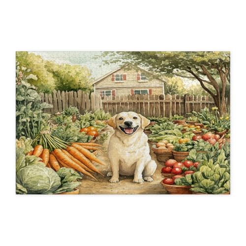 Rompecabezas de 1000 piezas de madera fina con diseño de labrador retriever y jardín