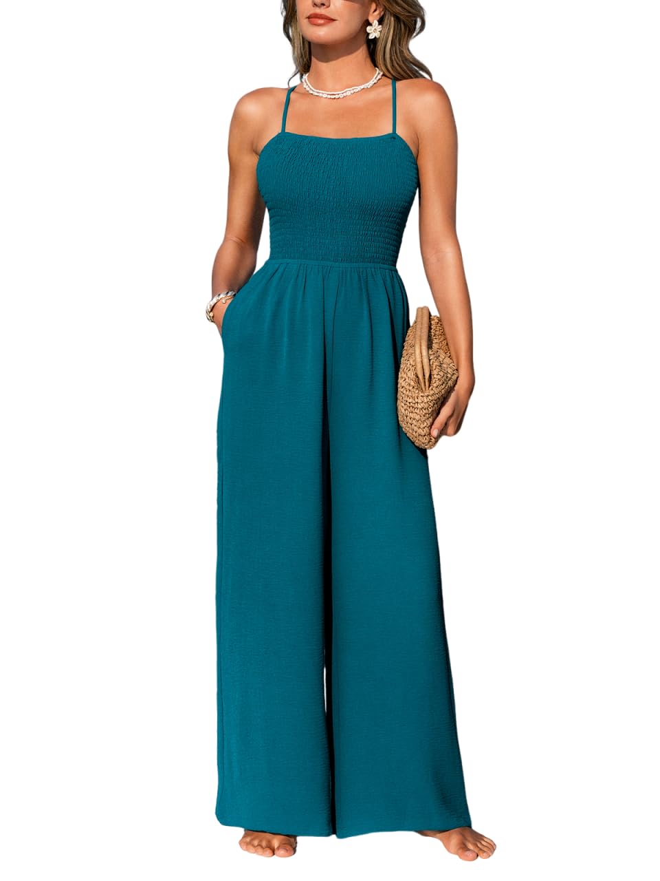 CUPSHE Enterizo de verano sin mangas para mujer, cuello cuadrado, pierna ancha, pantalones largos, estilo casual, traje de una pieza con bolsillos