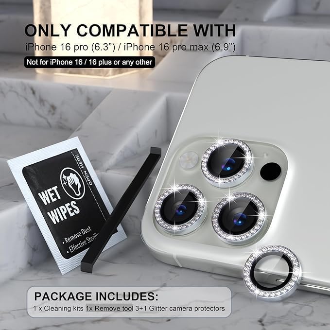 Image of Compatiable with iPhone 16 Pro / 16 Pro Max Camera Lens Protector Ring - Diamond Design | 9H Tempered Glass | HD Clear | Anti-Scratch | Anti-Drop White Diamond