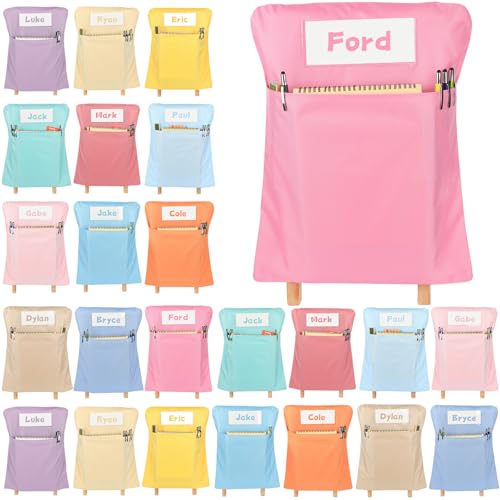 Yakydesign 24 Pcs Chair Pockets for Classroom 17x20 Inch Classrooms Seat Sacks with Name Tag Classroom Chair Pocket Storage for Keeping Student Books School Table Organized(Pastel)