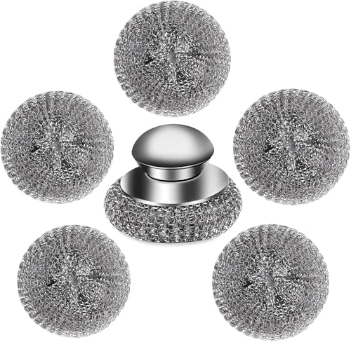 6Pcs Steel Wool Scrubber with Replacement Wire Pads Set, Stainless Steel Scrubber with Handle for Scouring Stubborn Messes from Cast Iron, Pots, Pans, Grill, Stoves, Sink(1 Scrubber+5 Pads)