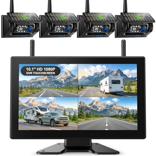 Fookoo 4 Magnetic Solar Wireless Backup Camera HD 1080P 10.1' DVR Touchscreen Monitor 1 Min DIY Install Portable No Drilling Rechargeable 9600mAh Battery Night Vision for RV Camper Trailer - DTC1004