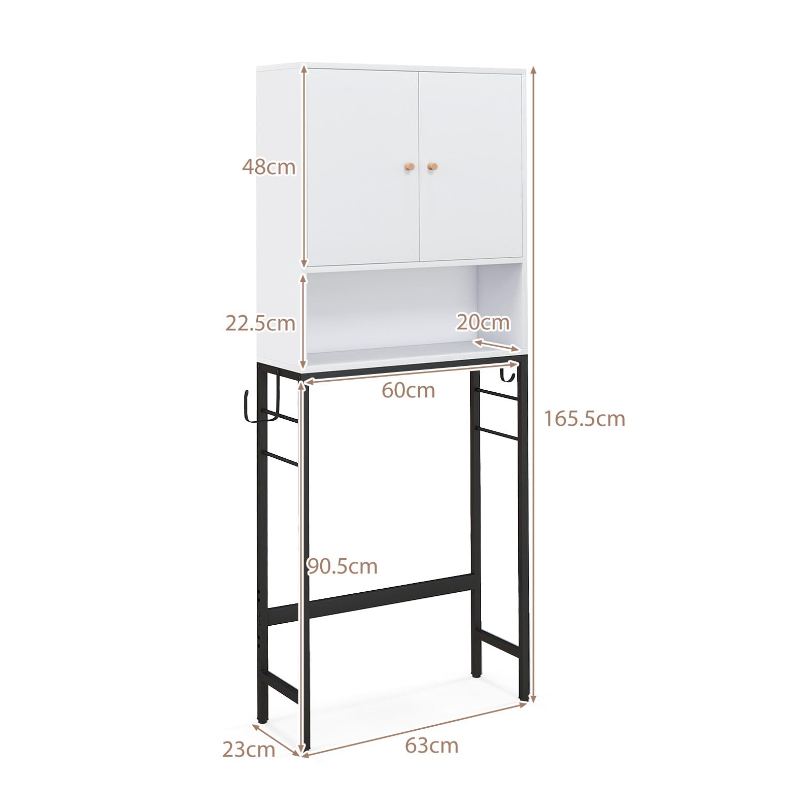 LIFEZEAL Mobile sopra il WC Mensola indipendente per bagno con 2 porte, armadio da pavimento con ripiani regolabili e 2 ganci laterali, organizer sopra WC per lavanderia (bianco)