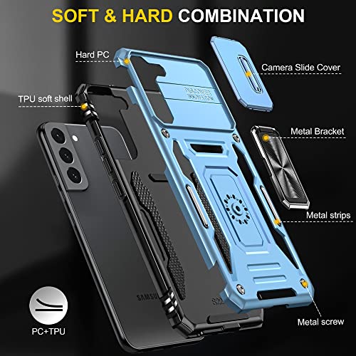 Image of Slide Camera Cover with Ring Holder Mobile Phone Case Cover for Samsung Galaxy S22 Plus / S22+ (Blue)