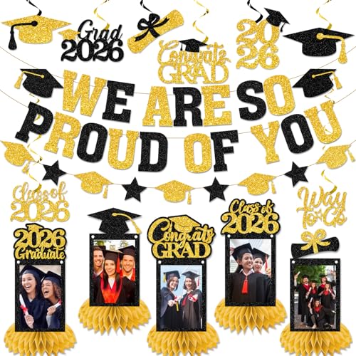 Image of Graduation Decorations 2026 - Black Gold Congrats Grad Party Supplies Include Glitter We are So Proud of You Banner, Hanging Swirls and Honeycomb Centerpieces for Photo Toppers