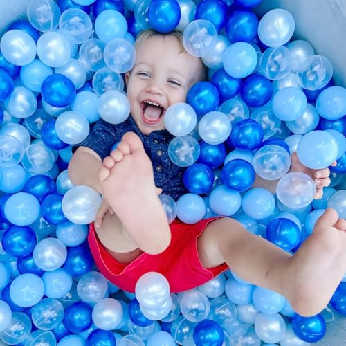 GOGOSO Ball Pit Balls - Phthalate BPA Free Non-Toxic Plastic Balls Blue White Clear 100pcs 2.15inch Gift for Baby Shower Birthday DIY and Toddlers Play Party Decoration