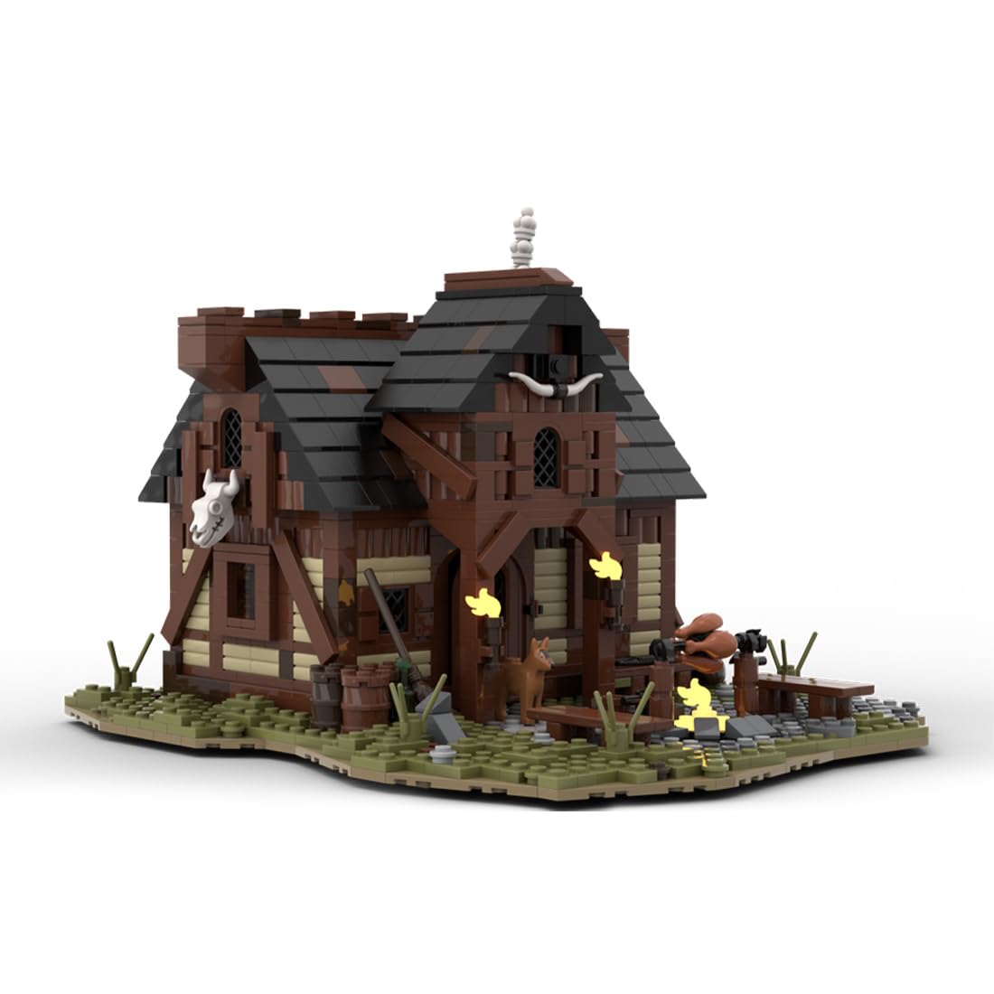 MOC Klemmbausteine Mittelalterliche Höhle Modul eines großen Dorfes Thema Modell, 1404 Teile Mittelalterliches Dorf Gebäude Set, MOC-112418