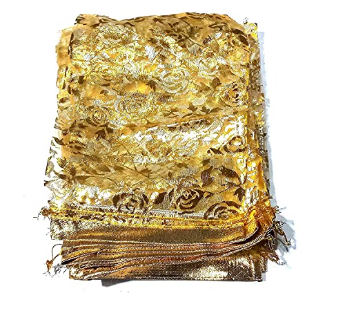 Image of Net Fabric Drawstring Pouch for Dry Fruits Packing, Organza Shagun Potli, Bags for Return Gifts Pack, Pouches For Jewellery (Pack of 100, 16 CM x 13 CM, Gold)
