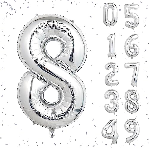 Image of 40 Inch Silver Number Balloons, Helium Mylar Foil Number Balloons for Birthdays, Number 8 Balloon for Party Wedding Bachelorette Birthday Bridal Shower Graduation Anniversary Celebration Party Decorations Supplies