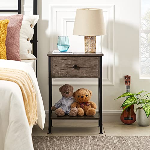 Image of VECELO Nightstand,Modern Bedside End Table, Night Stand with Drawer and Storage Shelf for Living Room Bedroom, Industrial Metal Frame
