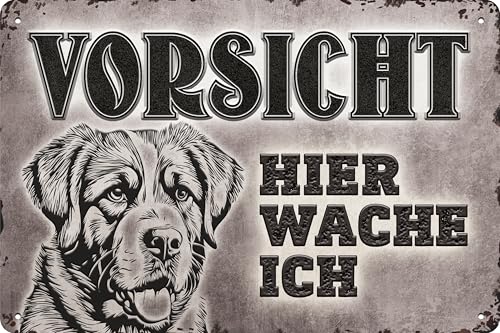 30 x 20 cm wetterfestes Hunde Blechschild, Warnhinweis, Torschild, Vorsicht - Hier Wache ich! (Bernhardiner)