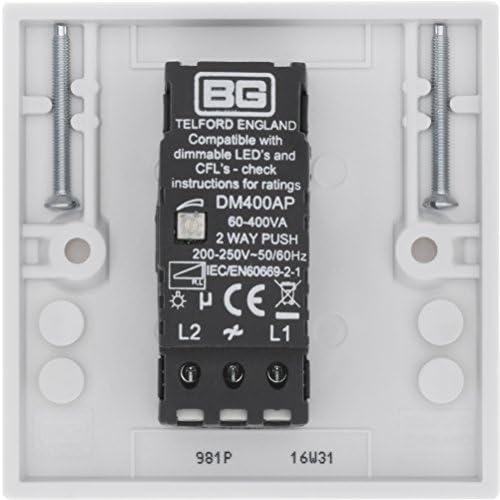 BG Electrical 981P-0J Single Round Push Button Intelligent Dimmer Light Switch, White Moulded, Square Edge, 2-Way, 8.8 cm*4.6 cm*8.6 cm