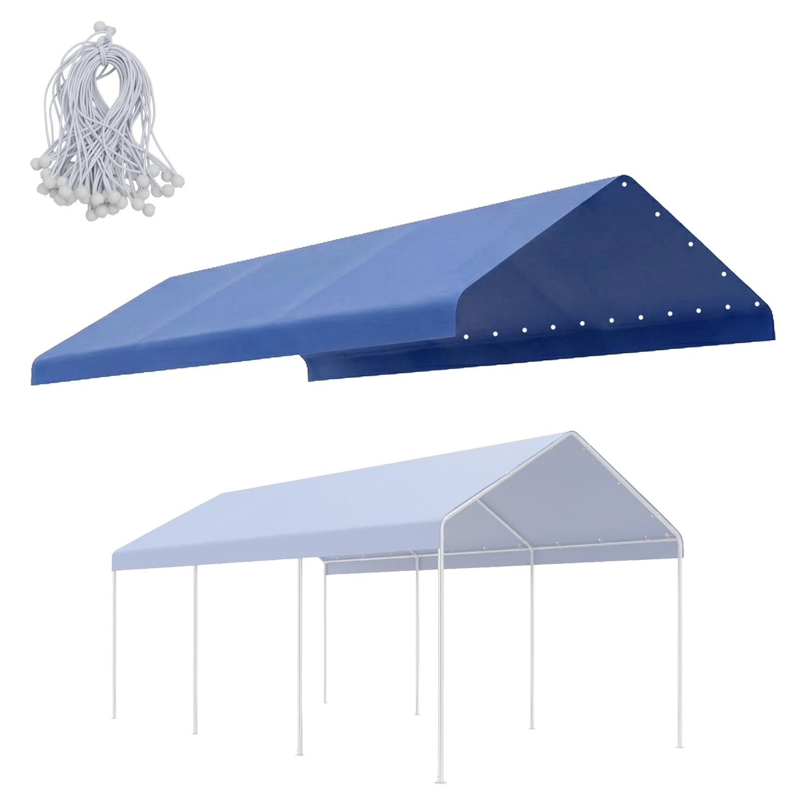 COWVIE 3 x 6 m Carport-Überdachung Ersatzplane, mit 46 Langen Kugelspanngummis, wasserdichte Garage-/Zelt-Überdachungsplane, nur die obere Abdeckung