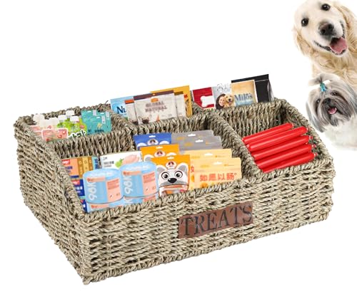 Bratod Dog Storage Organizer Wicker Basket,Dog Treat Container Bin for Countertop,Pet Treats Box with Dividers,Dog Cat Can Food Storage Bin,Pet Treat Station-Natural Woven Seagrass