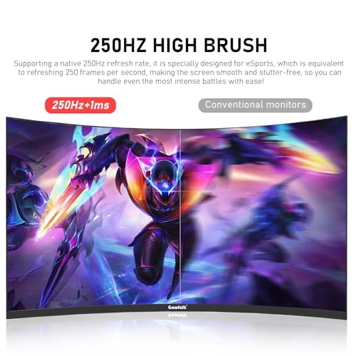 Image of Gawfolk 27 Inch PC Computer Screen,1800R Curved Gaming 250Hz Monitors, FHD 1080p 1ms, Freesync, 98% sRGB,Built-in Speaker, HDMI2.0、DisplayPort, Compatible with Wall-Mounted 100 * 100MM-Black