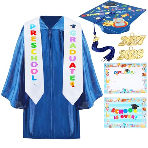 Restroma Preschool Graduation Gown and Cap with Tassel Printed Graduation Stoles Certificate Shiny Graduat Gown for Kindergarten (Blue Size 30 (115-122 cm))