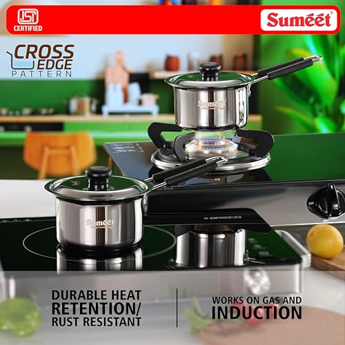 Image of Sumeet ISI Certified HeavyPly Premium Stainless Steel Small Size Cross Edge Induction & Gas Stove Friendly Saucepan /Milk Pan /Tea Maker with Lid - 600ml