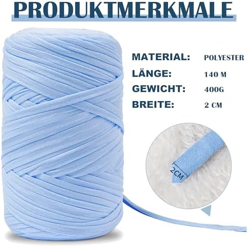 Fil pour Crochet Bleu denim - Polyester - 400 g/140m - T-Shirt Yarn - Sac - Paniers - Décoration d'Intérieur - Tapis - T