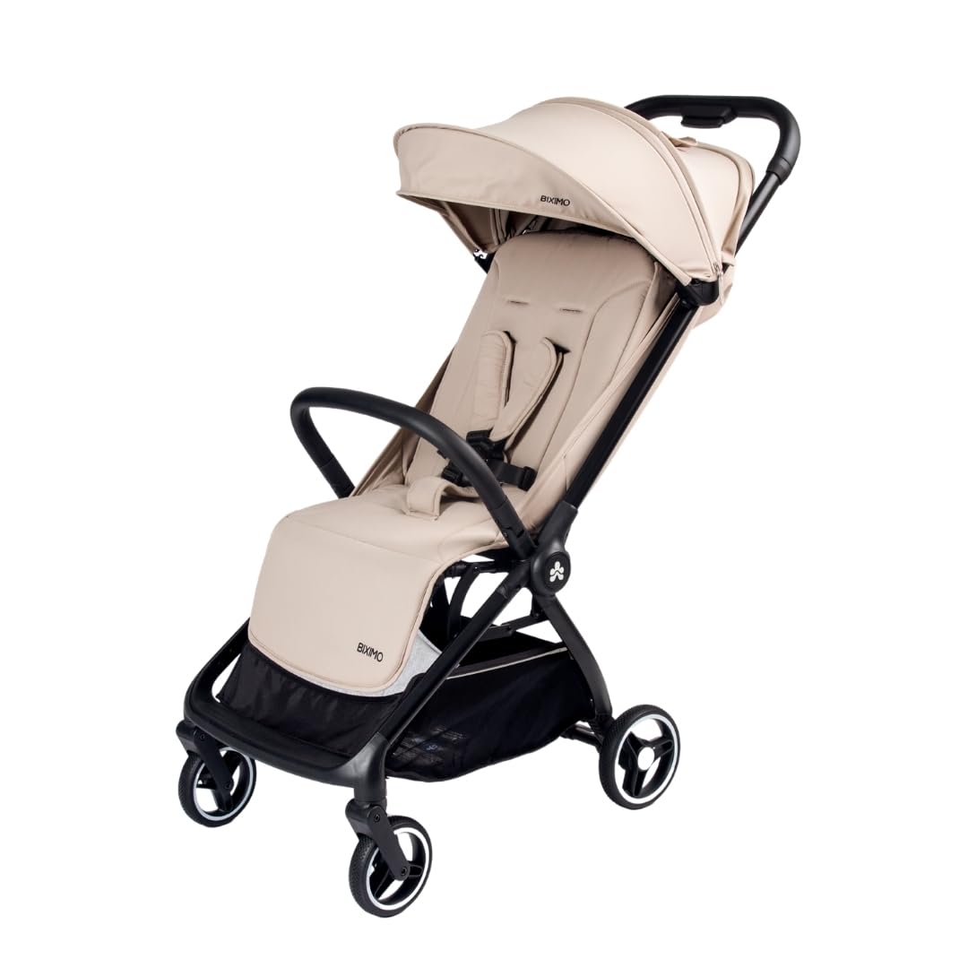 wing compact baby stroller, foldable travel pram, cabin ready, beige | lightweight aluminium frame, 1 hand fold, pu wheels, seat recline, safety harness, mosquito net, 0-4 years, 1 year warranty