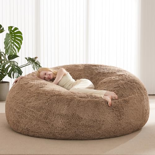 Big Bean Bag Cover Only Washable Oversized Bean Bag Chairs Cover for Adults Fluffy Plush Bean Bags Cover for Adults Teenagers Without Filler Included 7FT Khaki