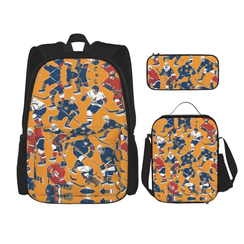 Hockey Print 3 Piece Set Backpack, Lunch Bag, Pencil Case, Cute Sturdy For College And Travel