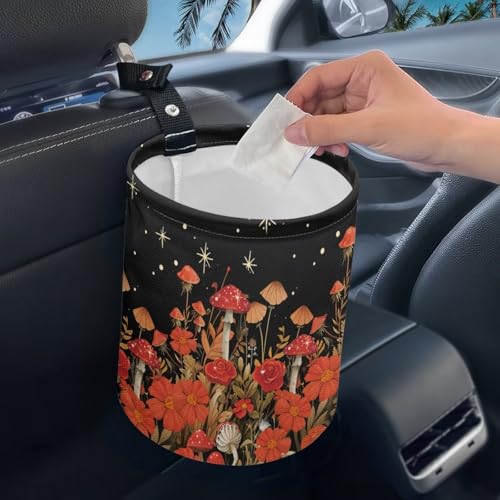 Image of Pensura Car Trash Can Interior Bottom Trash Container Orange Mushroom Print Auto Organizer Mini Can for Cars Women's Car Accessories Universal Fit for Automotive SUV Trucks