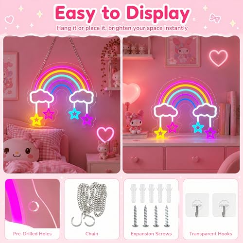 Image of Rainbow Star Neon Sign, Colorful LED Wall Light, USB Powered Dimmable Rainbow Sign for Girls Bedroom, Nursery, Playroom and Classroom Decor, Room Makeover Gift Idea, 17.3 x 13.4 Inches