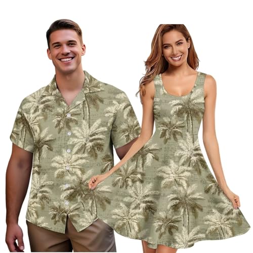 Image of Dreaweet Summer Dresses for Women A-Line Sleeveless Flowy Sun Dresses,Men's Casual Button-Down Shirts,Couple Matching Outfits