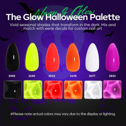 Image of modelones Halloween Gel Nail Polish Set, Glow in the Dark Fluorescent Shade | 6 Colors Neon Pumpkin Orange Green Purple Hot Pink White Black Fall Gel Polish Set, with Nail Stickers, Soak Off UV Nail Art
