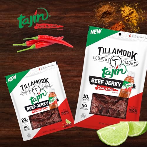 Tillamook Beef Jerky, Country Smoker Beef Jerky with Chili Lime Tajin Seasoning, Low Carb & High Protein, Ready to Eat Keto Snack, Savory & Tangy Flavor, Mildly Spicy Snacks, 2.2 oz
