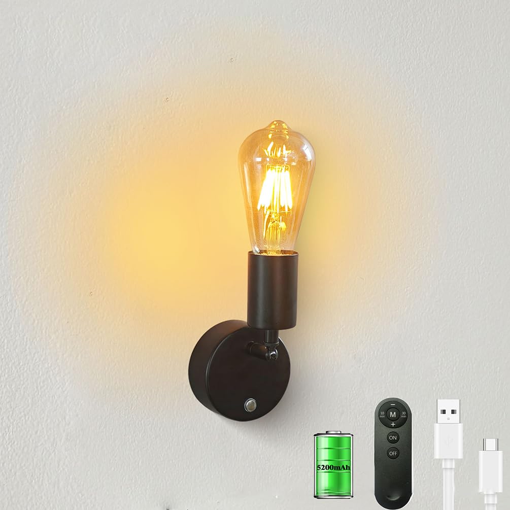 Akku Wandleuchte Kabellose Retro Drehbar Wandlampe Ohne Stromanschluss USB Aufladung Wandspot Dimmbar Fernbedienung Innen Wandbeleuchtung Touch Schalter Time für Nachttisch, Lesen, Flur,1 stück