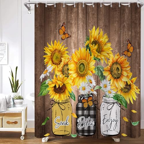 Caheansi Farmhouse Sunflower Shower Curtain, Spring Rustic Wildflowers Daisy Sunflowers with Butterflies Countryside Wooded Bathroom Curtain Waterproof Fabric Machine Washable with Hooks, 72" Wx72 L