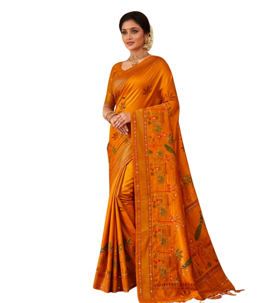 Pure Tussar Silk Paithani Saree, Amber Orange, Traditional Temple and Peacock Design-image-16
