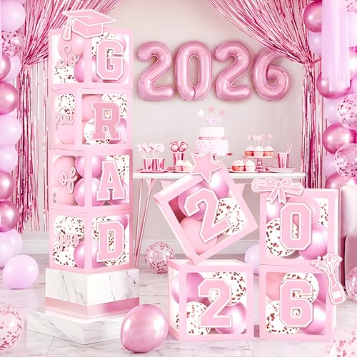2026 Graduation Balloon Boxes Decorations Clear Balloon Box Stack with GRAD Letters for Graduation Party Table and Floor Display