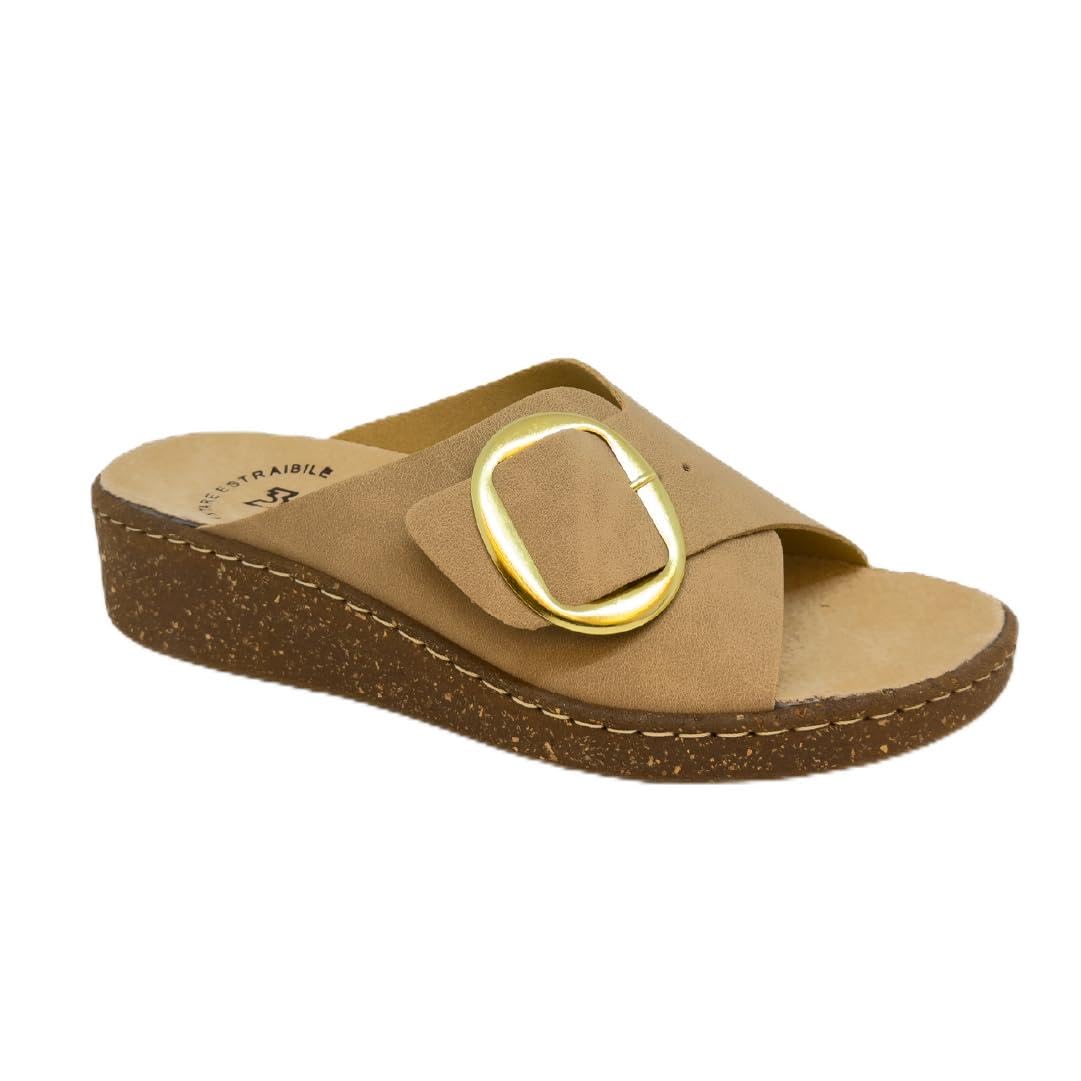3Rose 385 Ciabatte Donna con Fascia Regolabile Effetto Nabuk e Fibbia - Pantofole Casa e Outdoor con Zeppa Effetto Sughero 4,5 cm - Estivi Comfort Anatomico Plantare Estraibile Vera Pelle (Beige)