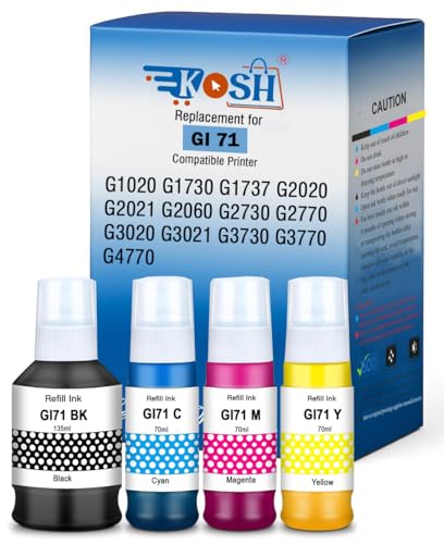 Image of KOSH GI-71 Refill Ink Compatible for Canon G1020,G2020,G2021,G2060,G3020,G3021,G3060 Printers (4, Black Cyan Magenta Yellow)