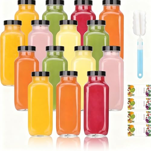 Image of 15 Pack 8 oz Glass Juice Bottles with Black Lids & Labels, Reusable Travel Juice Storage Containers, Clear Glass Drink Jars for Juicing, Water, Ginger, Wellness Shots - Leakproof, Dishwasher Safe