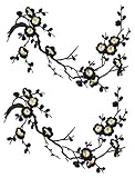 Two Asian Cherry Blossom Sakura Flower Iron on Embroidered Appliques Patch Japanese Chinese (Black,Gold)