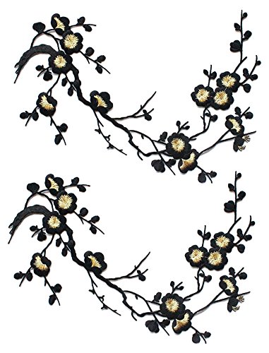 Two Asian Cherry Blossom Sakura Flower Iron on Embroidered Appliques Patch Japanese Chinese (Black,Gold)