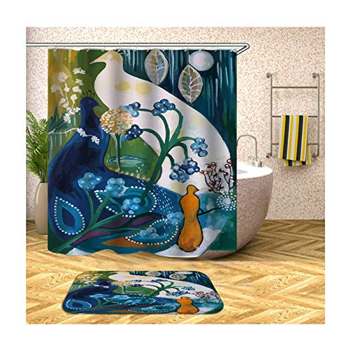 Badematte Klein 40X60 Pfau Badezimmerteppich Set Polyester Badvorhang Vintage Bunt Duschvorhang 165X180 cm
