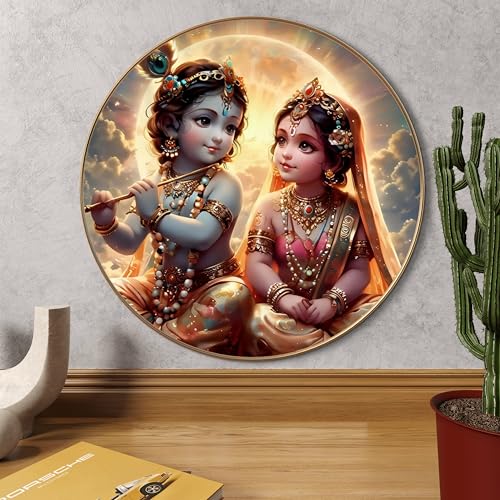 Image of Livin'luxe Baby Radha Krishna Round Art Print with Golden Frame | Cute Divine Flute HD Art Print for Pooja Room Kids Room Living Room (20x20 Inch) Art-GRL-206