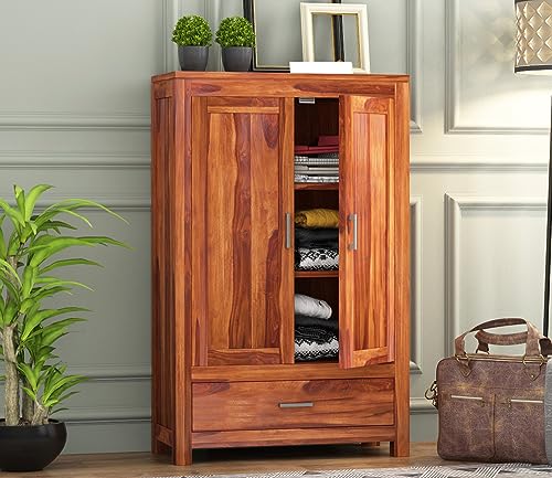 Image of Sheesham Wood Wooden 2 Door Wardrobe Organizer for Clothes | - Solid Wood Almirah with 1 Drawers, 3 Shelves - Cupboard for Large Bedroom (Design 10)